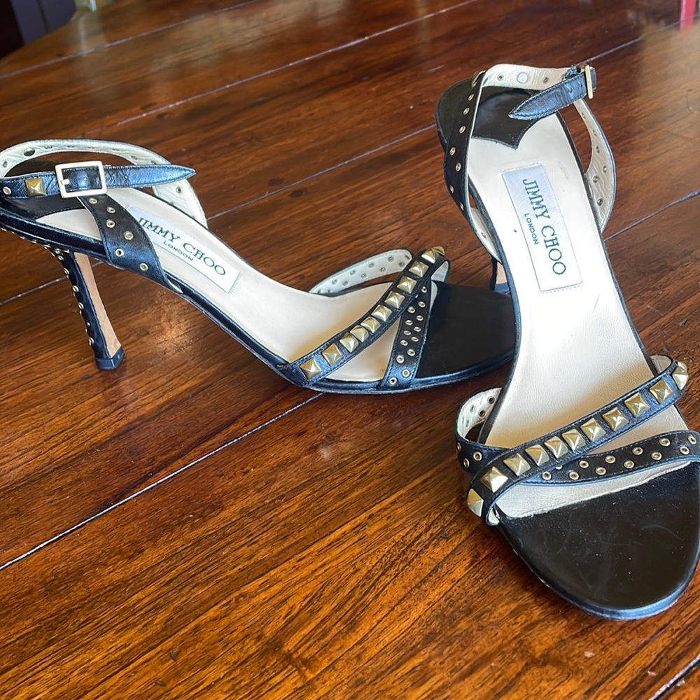 Jimmy Choo Black Leather Gold Studded Heels